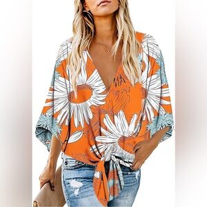 Amazon Women's Orange Floral Daisy Blouse